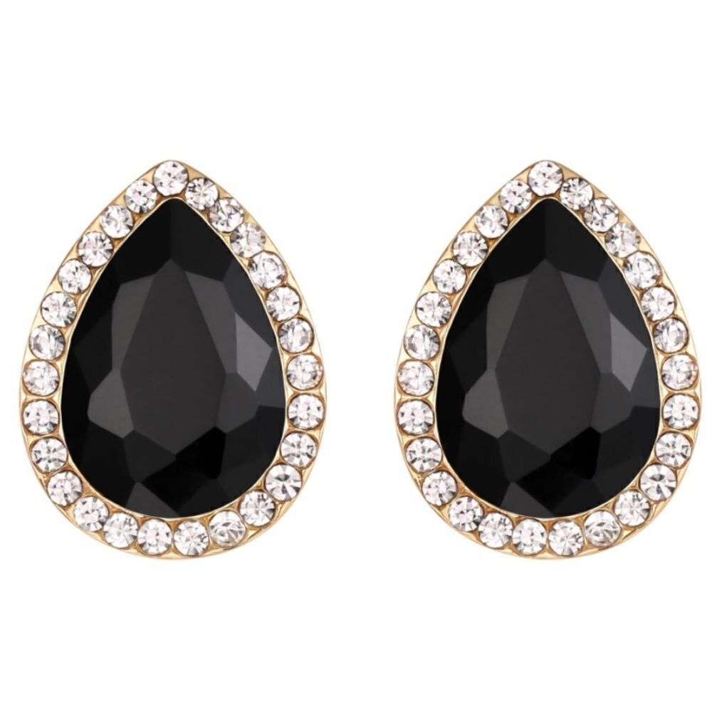 Yellow Gold with Black Onyx and Diamond Austrian Crystal Teardrop Stud Earrings